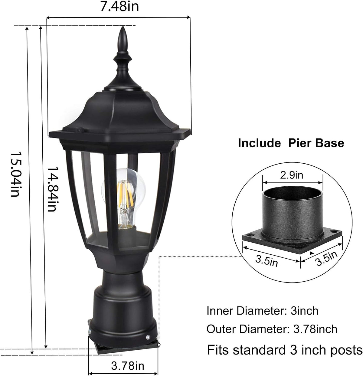 FUDESY Outdoor Post Lights, Exterior Lamp Post Light Fixture, Black, 2 Pack