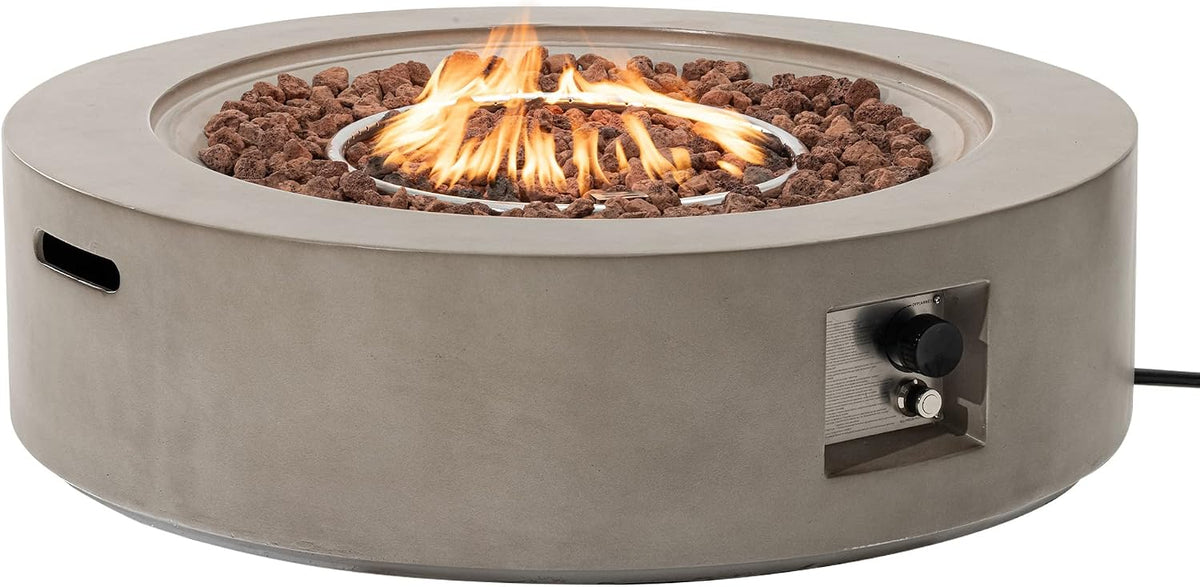 SUNBURY Outdoor 42" Fire Pit Table, 50000 BTU Gray Patio Fire Table, Concrete Round Gas Fire Table w Lava Rocks