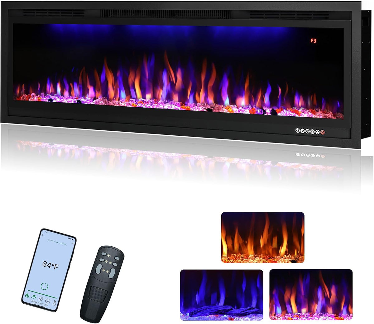 50" WiFi-Enabled Electric Fireplace Insert, APP Smart Control, Wall Mounted&Recessed Linear Fireplace Heater with Thermostat, Flame&Top Lights, Log&Crystal, Timer
