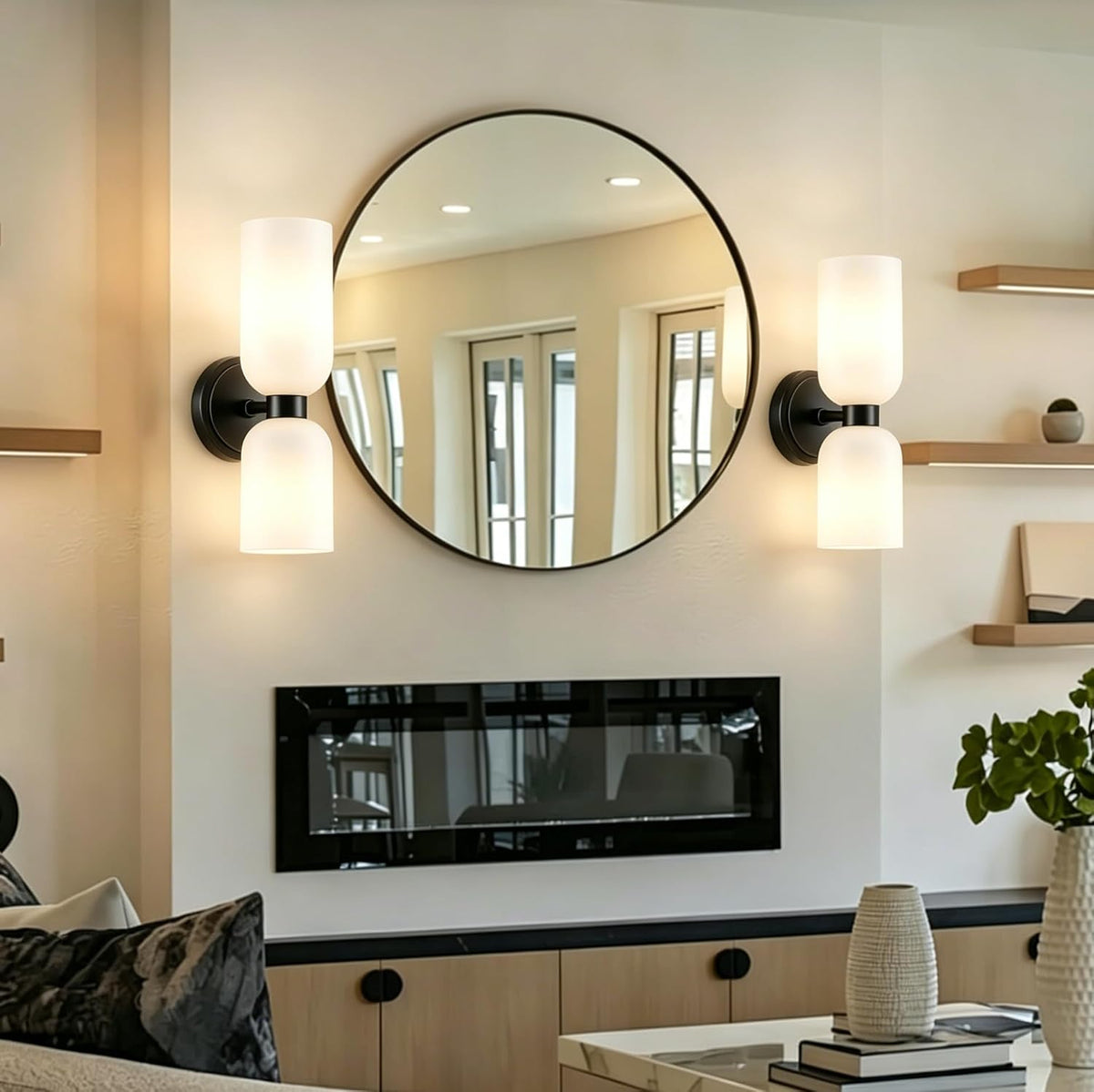 Bathroom sconces Set of 2 mid-Century Modern Light Vanity sconces Fixture Milky White lampshade Large Glass for Bathroom Vanity Bathroom Living Room (Black)