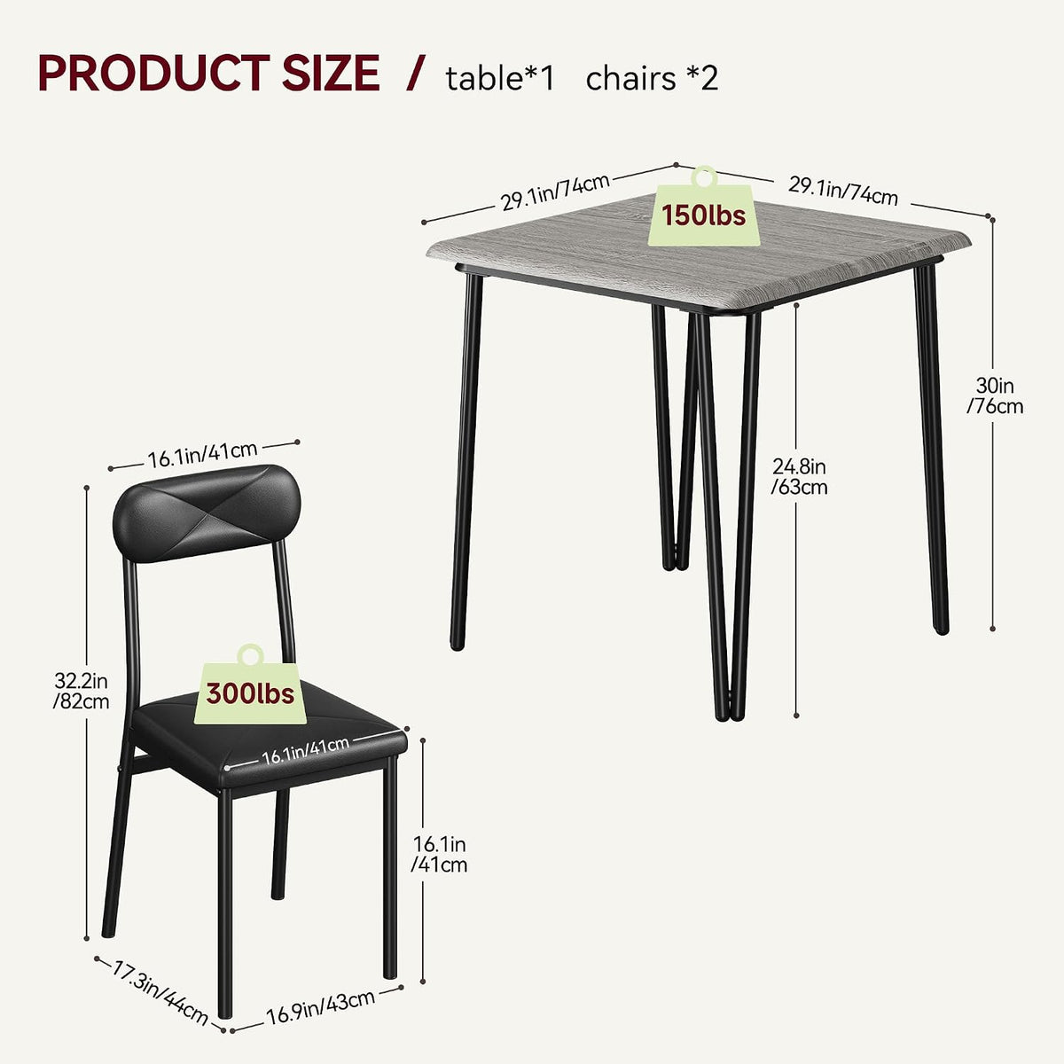 IDEALHOUSE Dining Table Set for 4, Kitchen Table with Upholstered Chairs for Kitchen Room and Small Spaces (Grey, Table with 2 Upholstered Chairs)