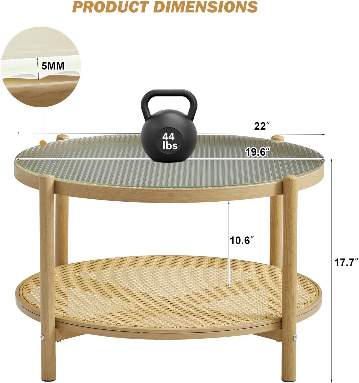 19.6" Boho Rattan Coffee Table, Round Tempered Glass Metal End Table