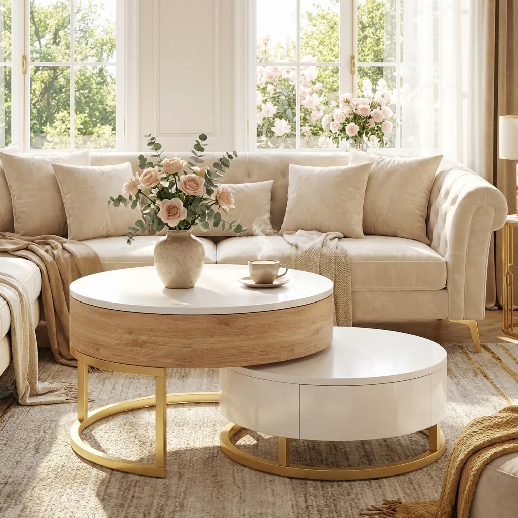 Modern Round Lift-top Nesting Coffee Tables with 2 Drawers for Living Room White & Natural