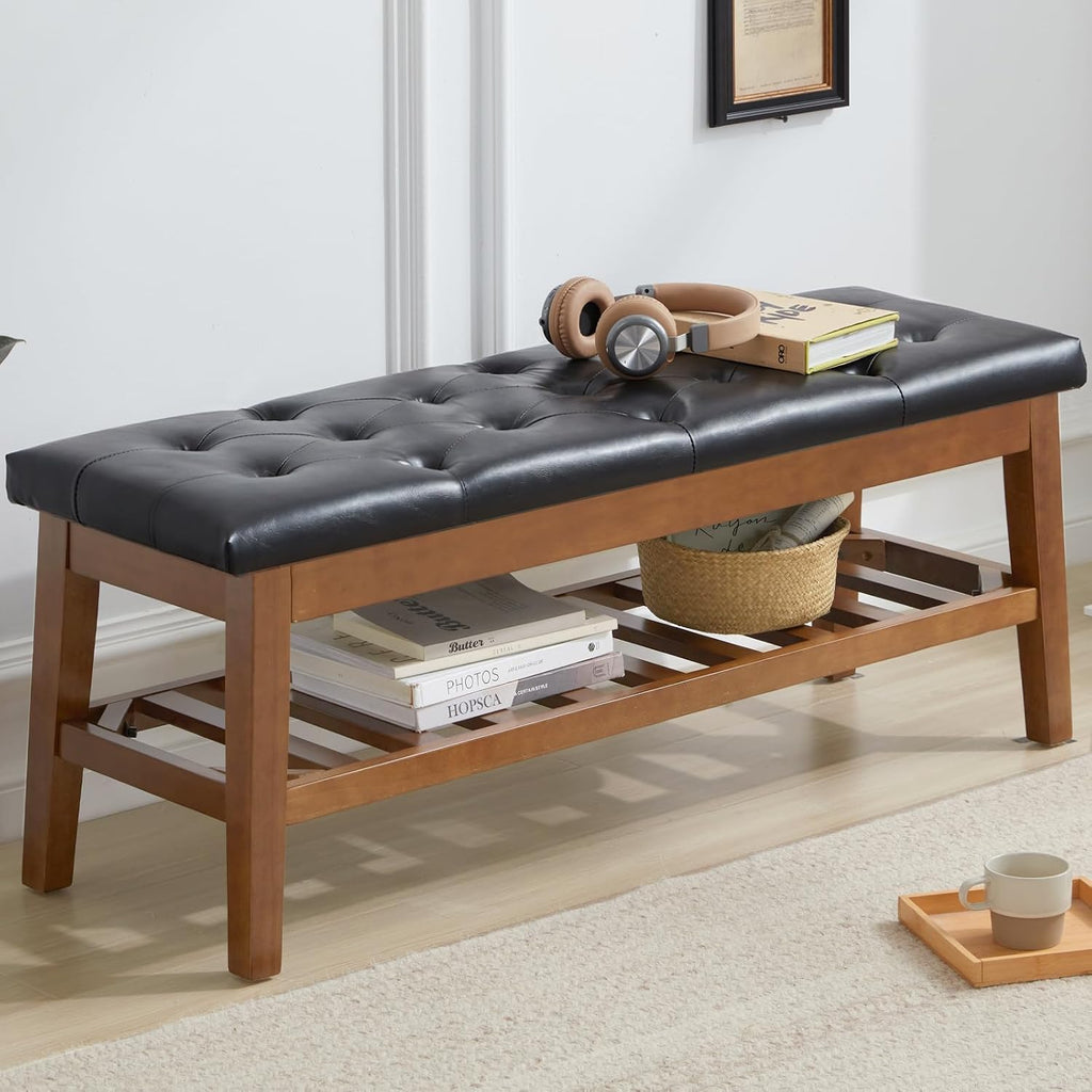 Shoe Bench Entryway Bench Upholstered Ottoman Faux Leather Black