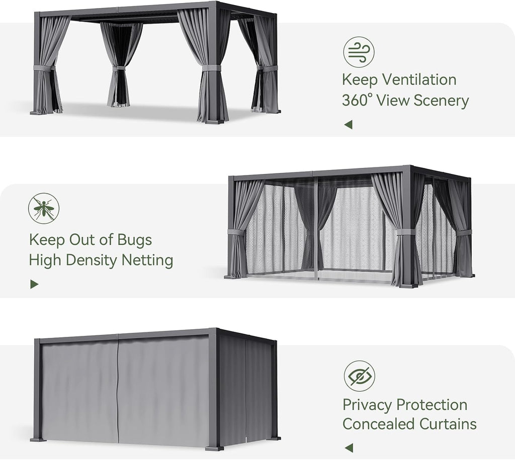 Aoxun Louvered Pergola 12' x16' Full-Aluminum Outdoor Gazebo, Gray