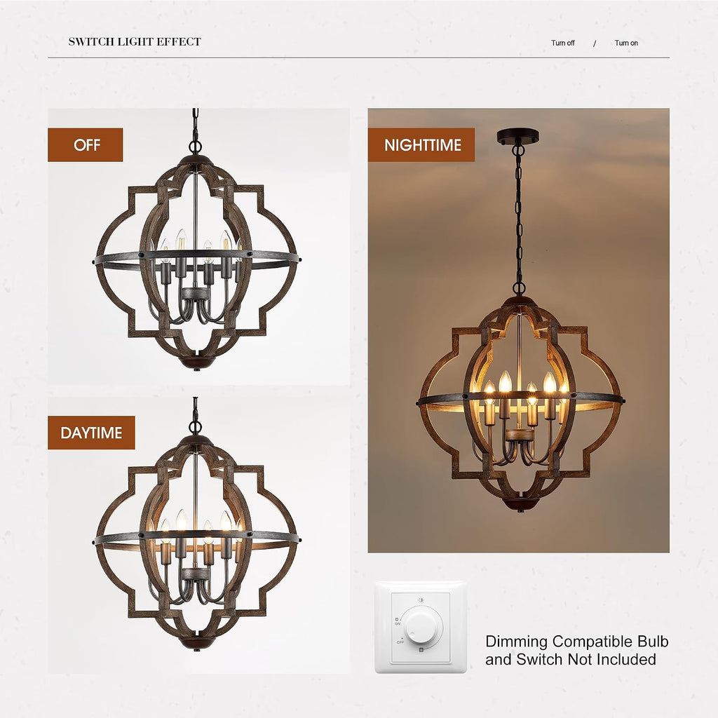 6-light wood farmhouse chandelier for dining room hallway, side view