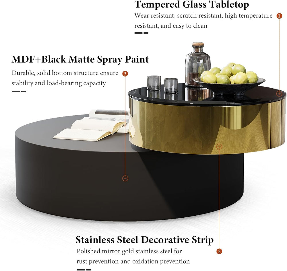 Asday Black Gold Round Swivel Coffee Table, 2 Tiers Rotating Center Table