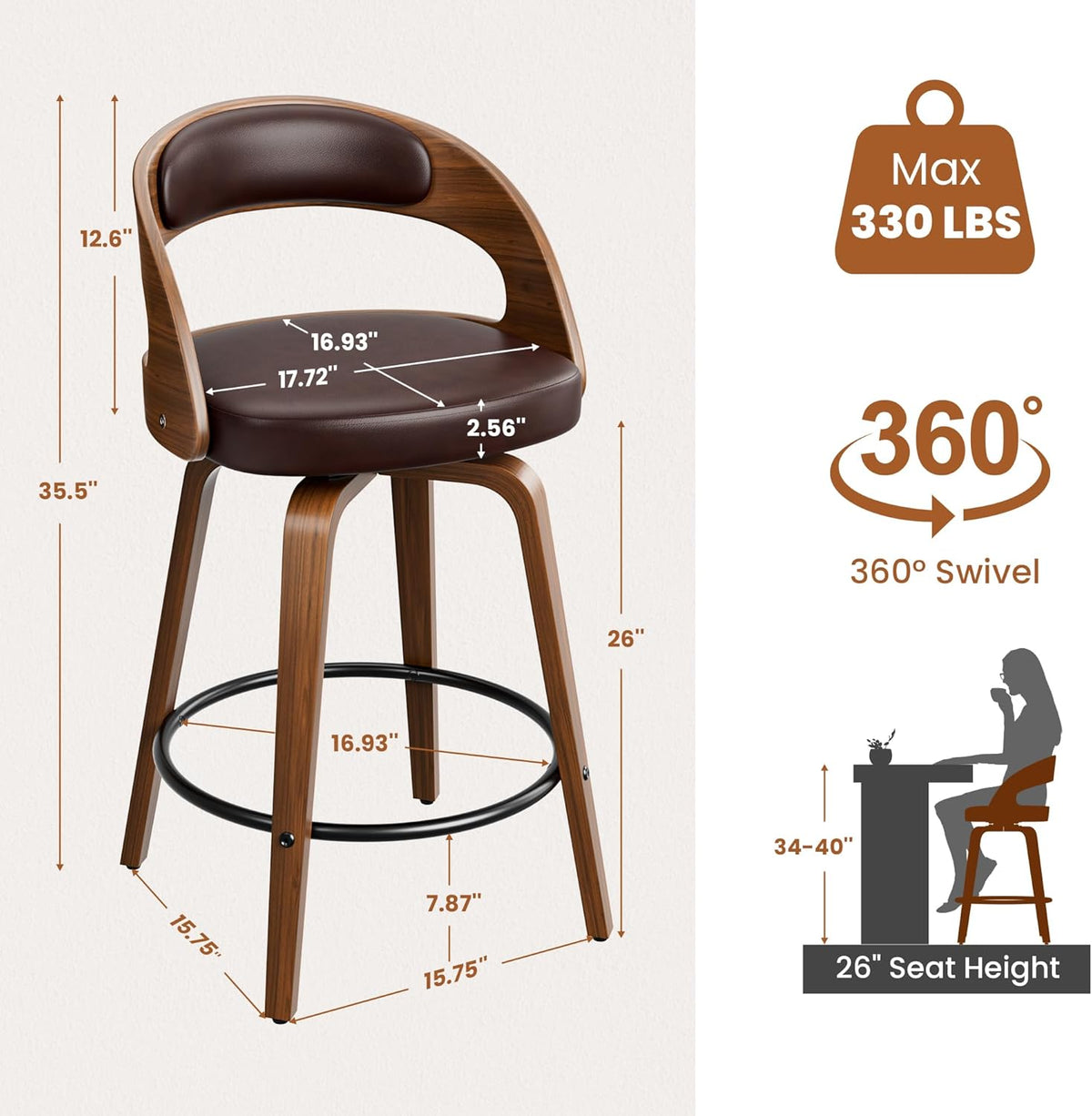 YaFiti Bar Stools Set of 2, 26" Bentwood Counter Height Barstools, Brown
