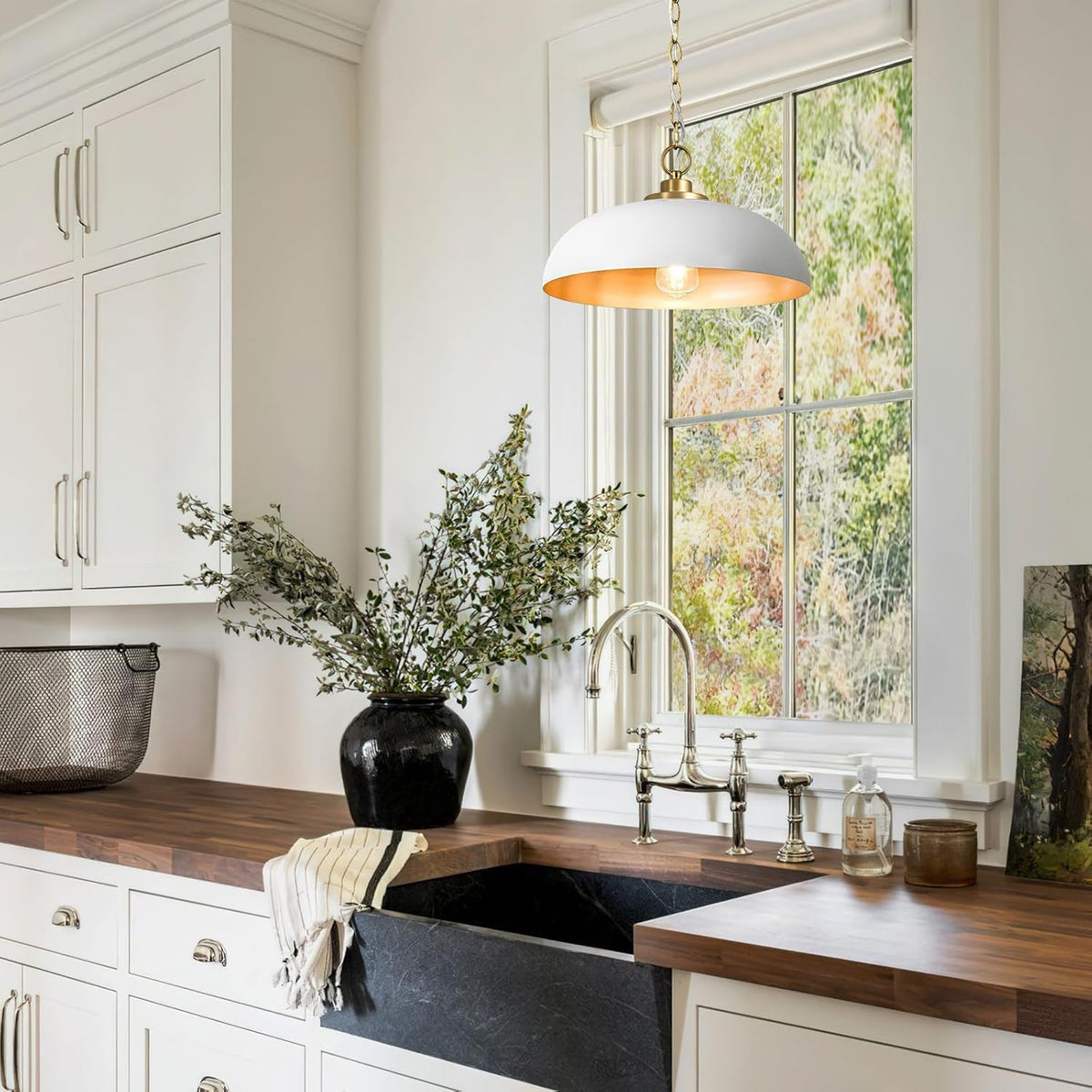 Lingkai 15.7" Pendant Light Fixtures, Farmhouse Pendant Lights Kitchen Island, White Hanging Ceiling Light for Kitchen Island Dining Room