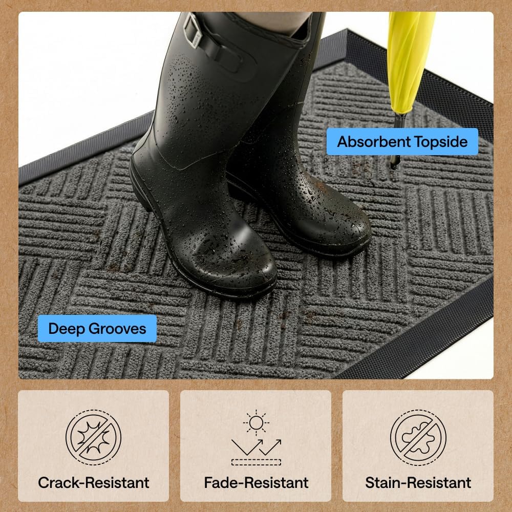 GORILLA GRIP WeatherMAX Door Mat, Indoor Outdoor Use, 35x23, Gray Diamond