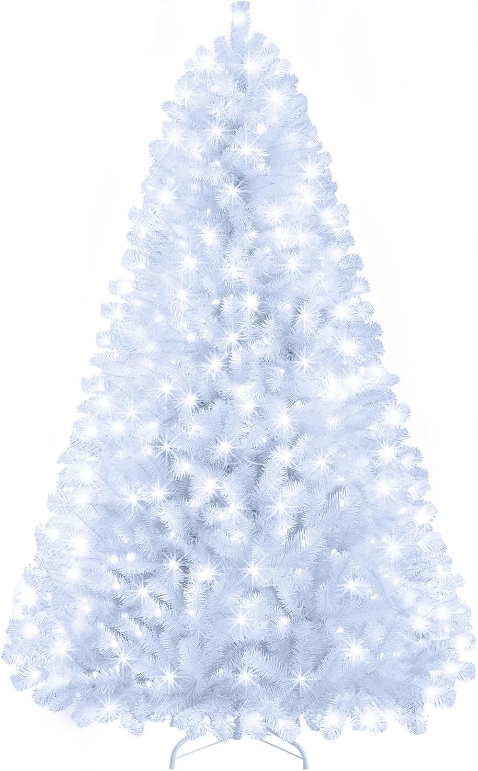 6ft White Prelit Christmas Tree with 300 LED White Lights, 726 Dense Branch Tips, Versatile Holiday Tree for Christmas, Halloween and Party Decor