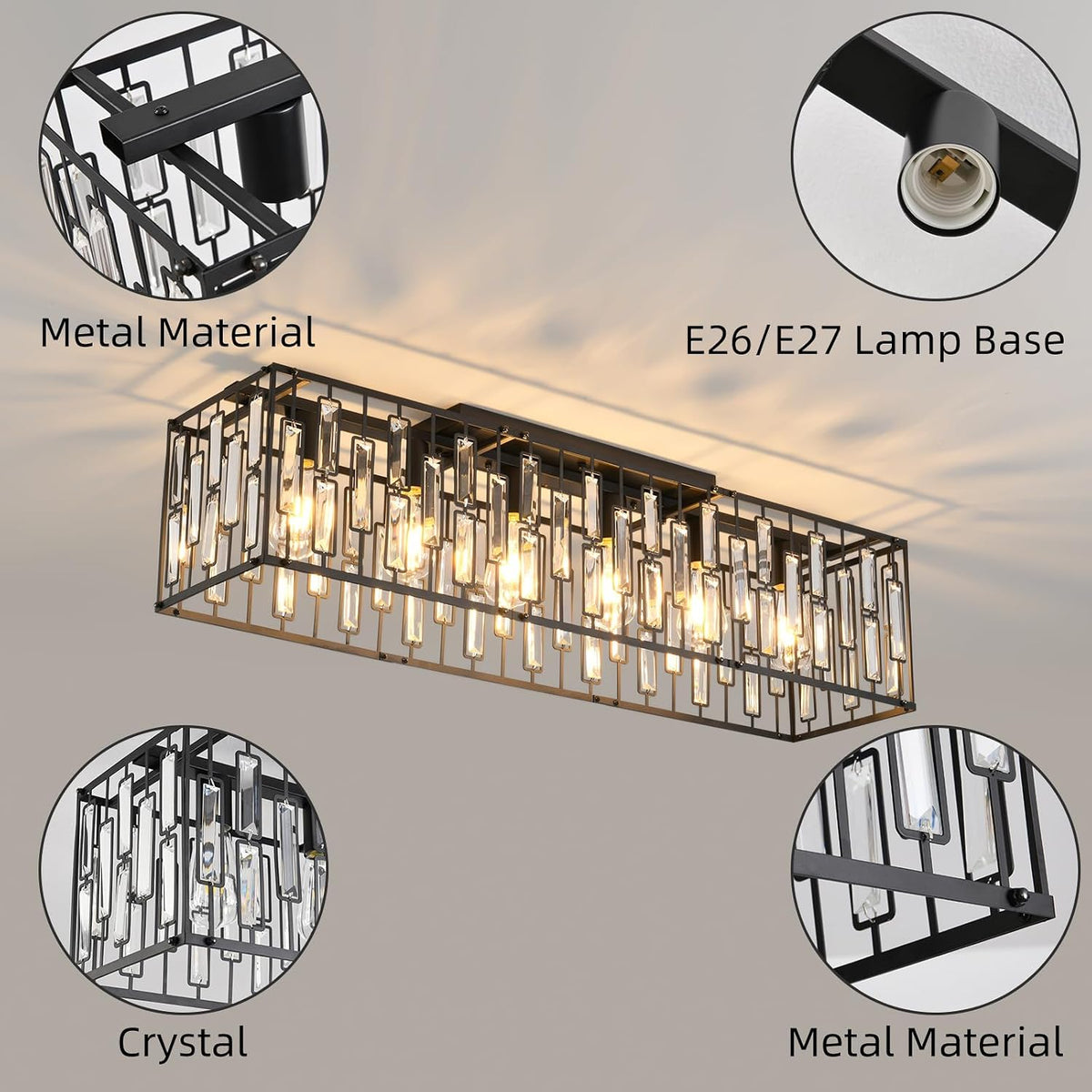 Garwarm 38.7 Inch Crystal Chandelier, 6-Light Black Rectangle Ceiling Light