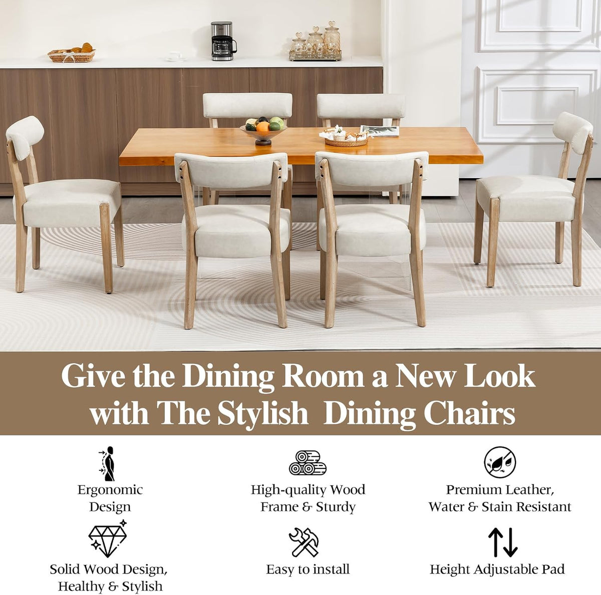 ZJhome Modern Dining Chairs Set of 2 – Mid-Century Modern Faux Leather Upholstered Kitchen & Dining Room Chairs with Curved Back, Oversized Rounded Seat, Sturdy Wood Frame, Beige