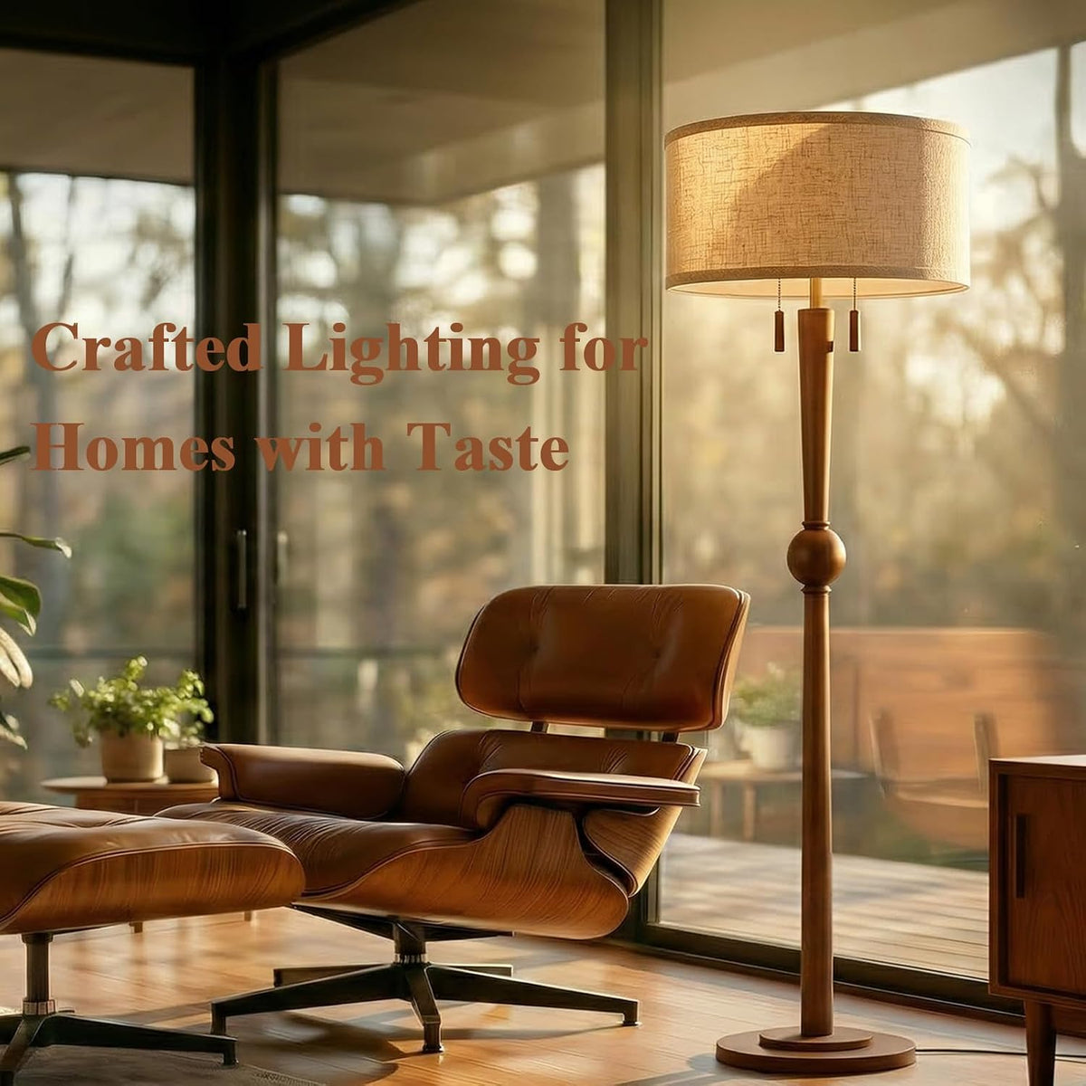 MOFFE Solid Wood Floor Lamp for Living Room with Wooden Pull Chains