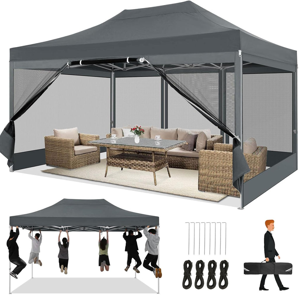 COBIZI 10x15 Heavy Duty Pop Up Canopy with 4 Mosquito Net Sidewalls, Gray