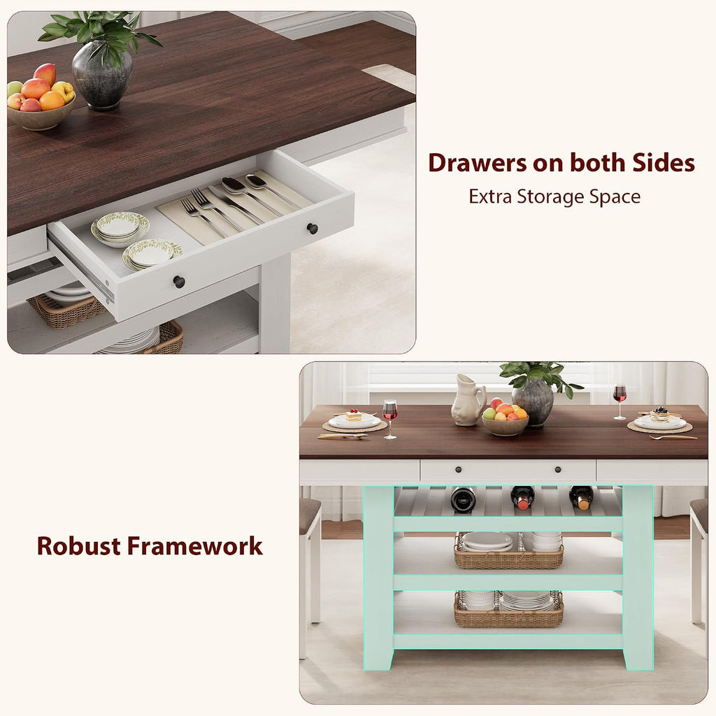 GAOMON 60" Counter Height Dining Table for 4-6, Farmhouse Rectangular Bar Height Kitchen Table & Thick Table Top, with Deepened Wine Rack & Shelves for Kitchen, Bar, Retro White & Brown