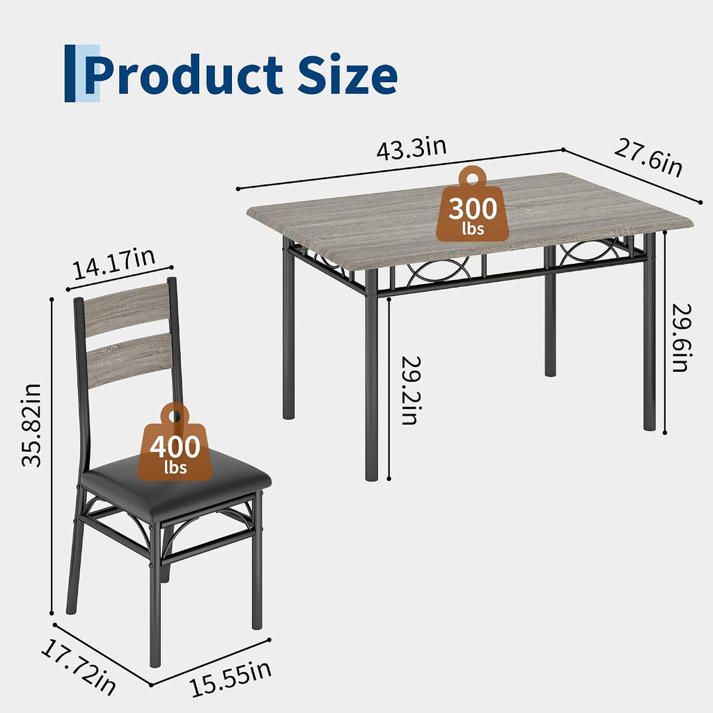 IDEALHOUSE Rectangular Kitchen Table and Chairs Set for 4, 5 Piece Dining Table Set for 4, High-Back Upholstered Chairs, Heavy-Duty Frame, Saving Space, for Dinner Dinette, Apartment, Rustic Gray