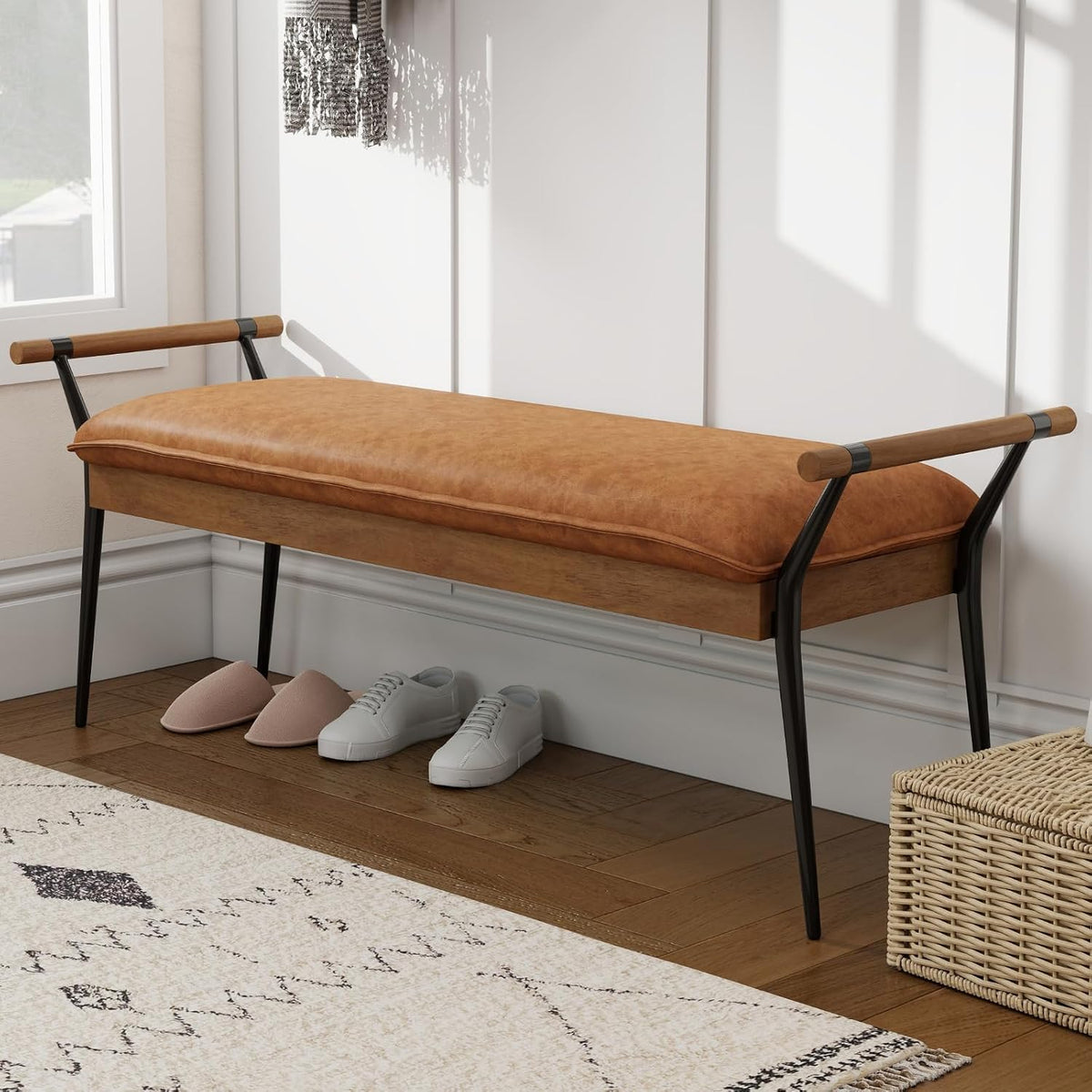 DUOMAY Modern PU Ottoman Bench with Arms & Metal Legs, Brown