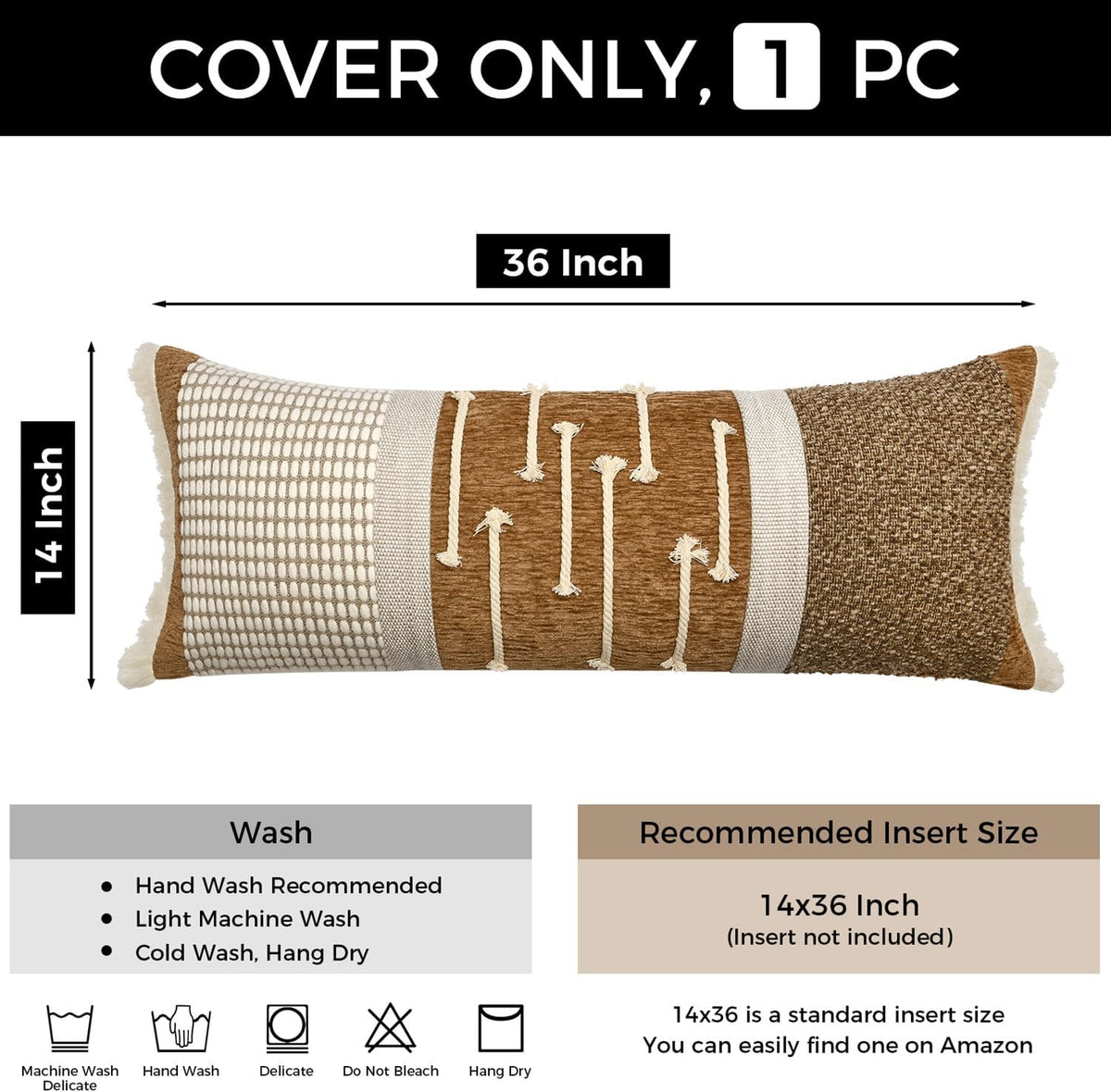 Burnt Orange Boho Lumbar Pillow Cover 14x36 Inches