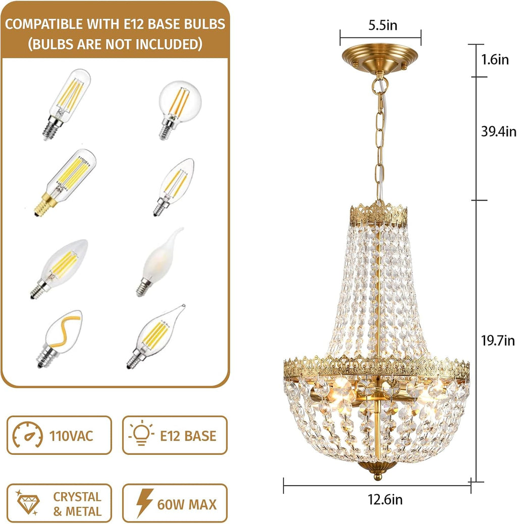 Mini French Country Crystal Vintage Small Brass Chandelier Lighting