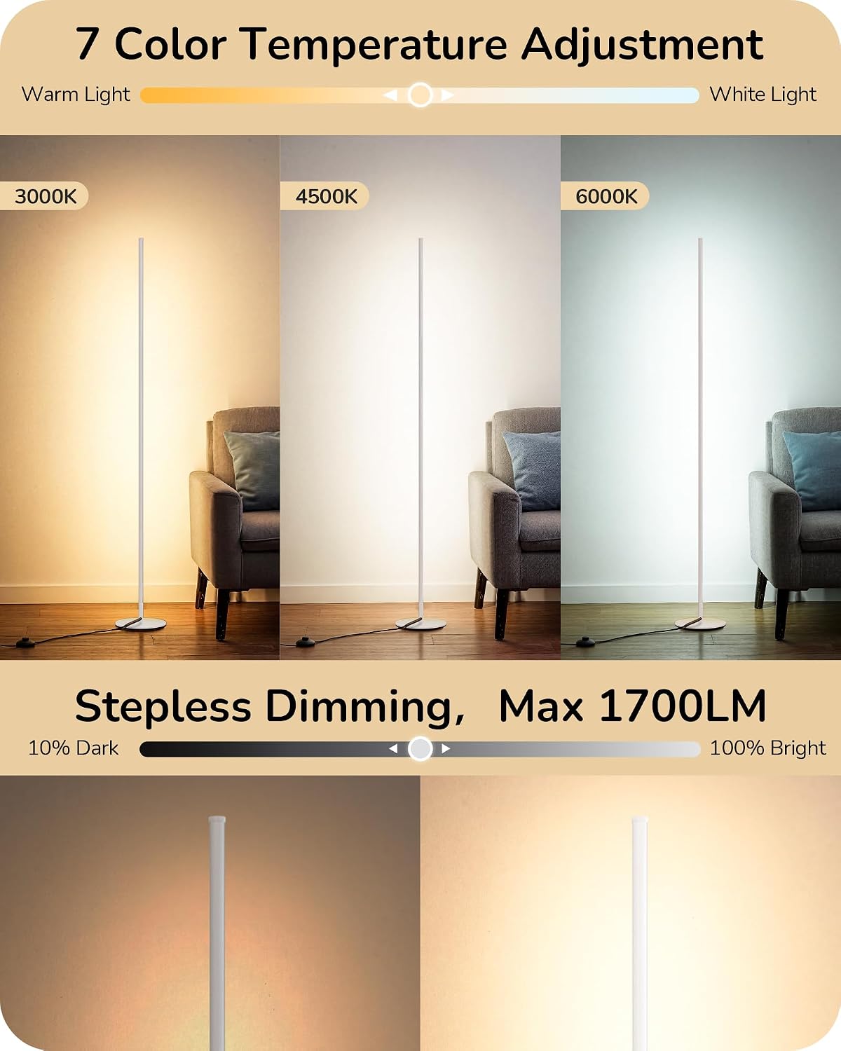 EDISHINE 59.8" Corner Lamp with Remote & 3 Height Settings, Dimmable & 3CCT