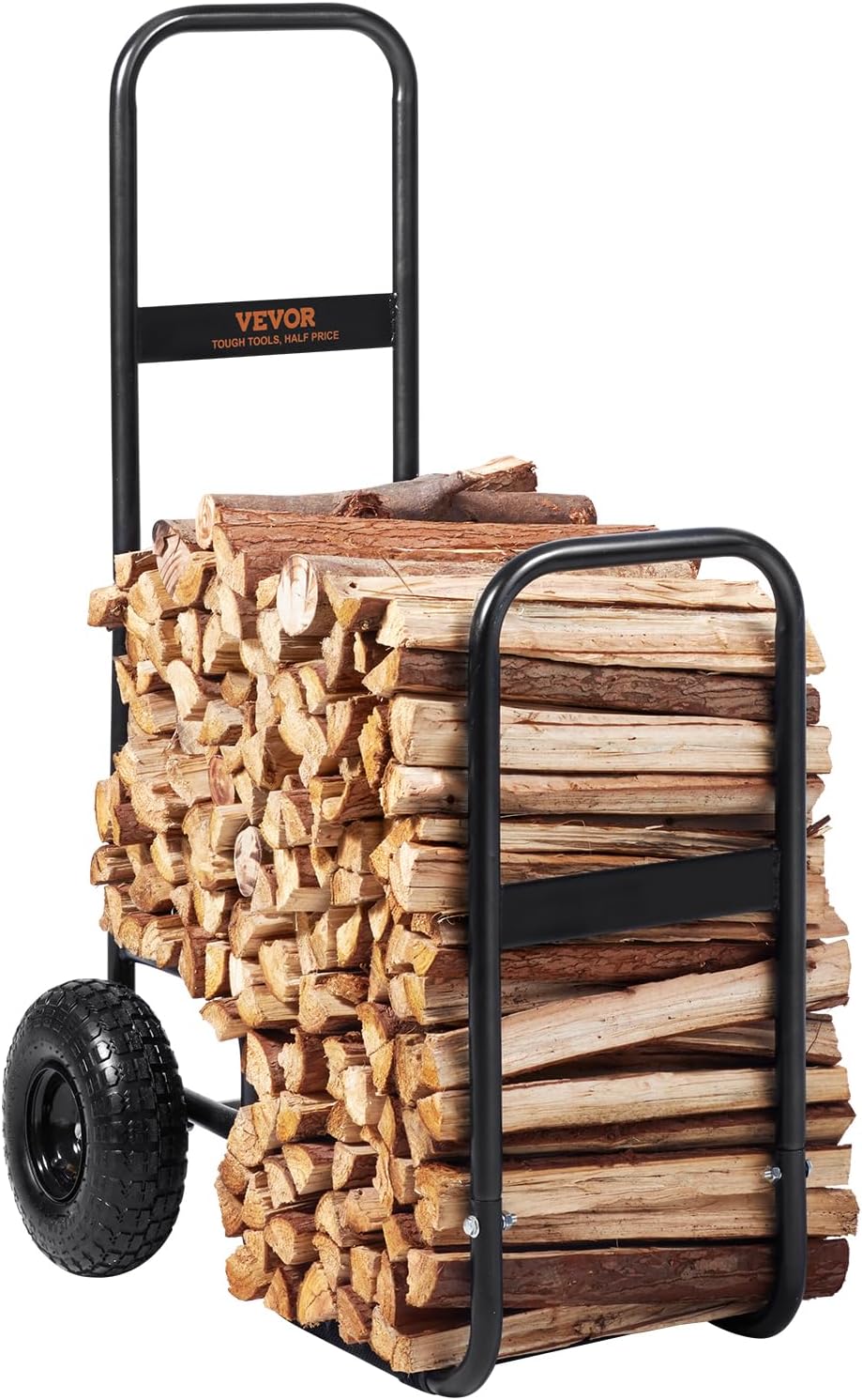 VEVOR Log Cart 250 lbs Load Capacity, Outdoor and Indoor Wood Rack Storage Mover with Pneumatic Rubber Wheels, Heavy Duty Steel Dolly Hauler, Firewood Carrier for Fireplace, Fire Pit, Black
