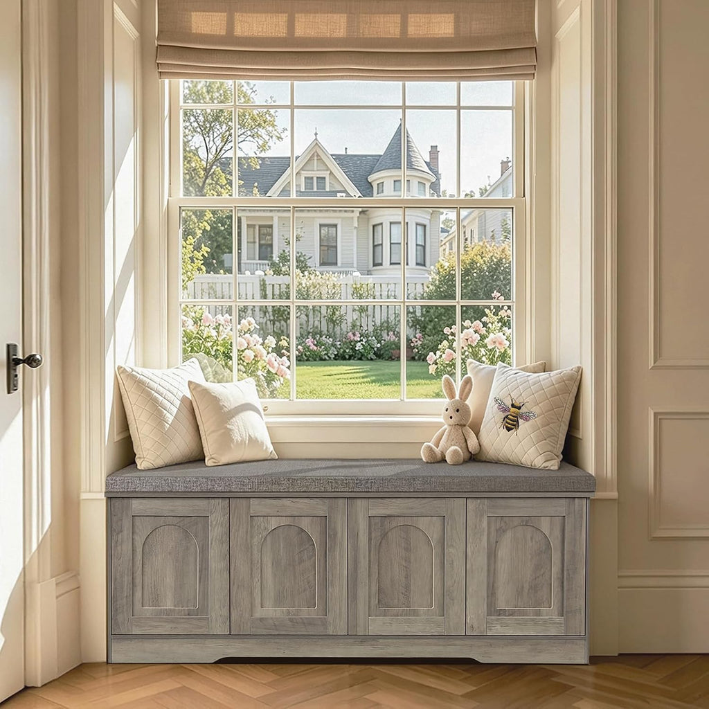 DINZI LVJ Shoe Storage Bench with Cushion, Door, Gray Wash 47.2" LX17.7 H