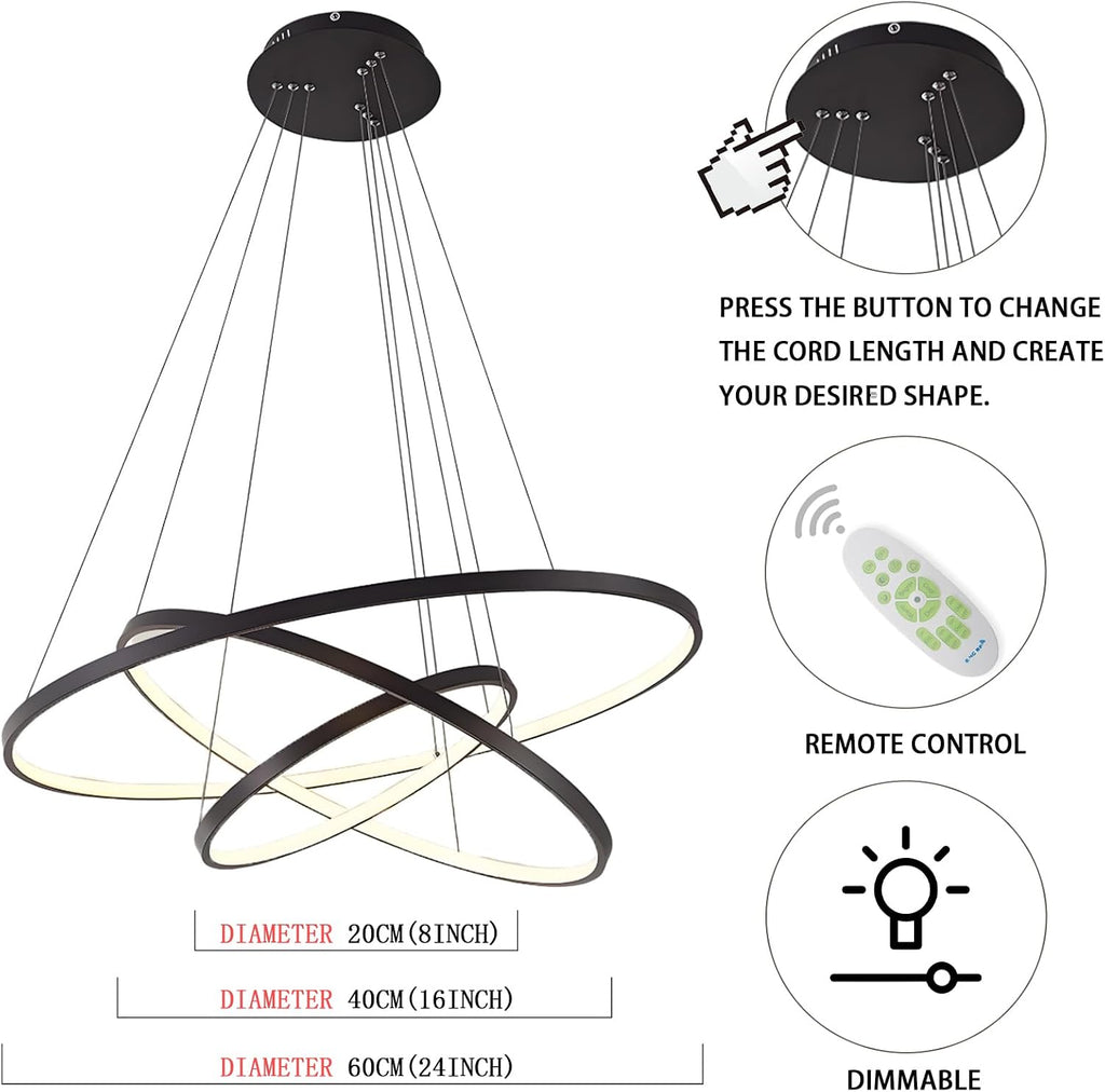 LightInTheBox Modern LED Chandelier 3 Ring Chandelier Dimmable Circular Dining Ceiling Pendant Light for Dinning Room Living Room 60+40+20cm (Black; Light Source: Stepless Dimming)