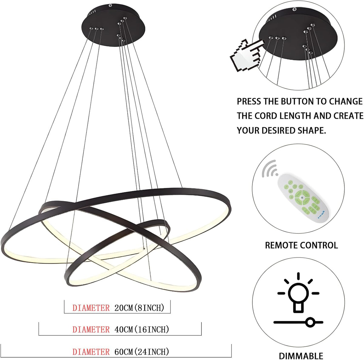 LightInTheBox Modern LED Chandelier 3 Ring Chandelier Dimmable Circular Dining Ceiling Pendant Light for Dinning Room Living Room 60+40+20cm (Black; Light Source: Stepless Dimming)