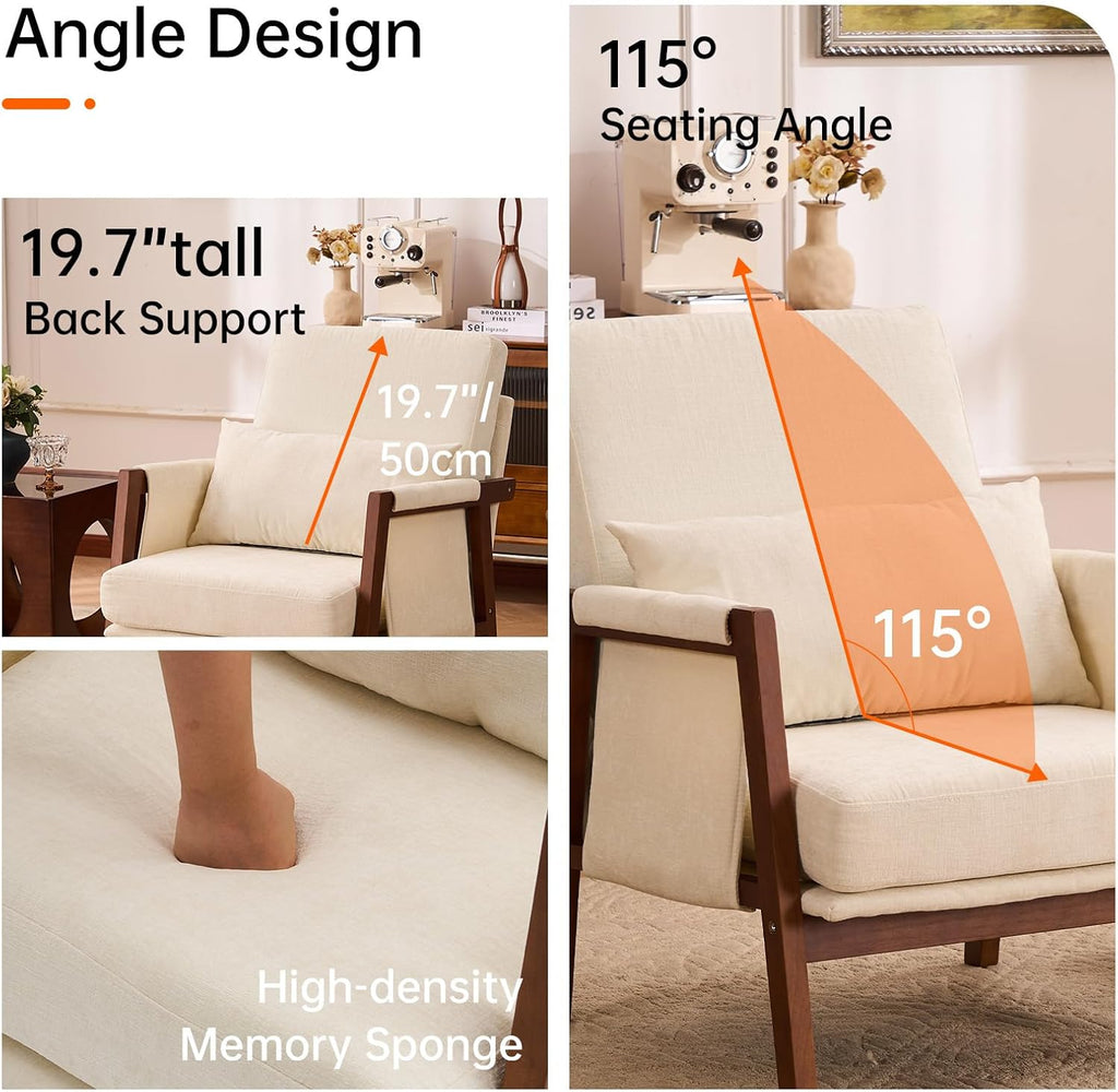 Accent Chair Mid-Century Modern Chair with Lumbar Support Pillow, Upholstered Living Room Chairs with Wooden, Chenille Armchair with Cushion, Comfy Side Chair for Bedroom, Balcony, Beige