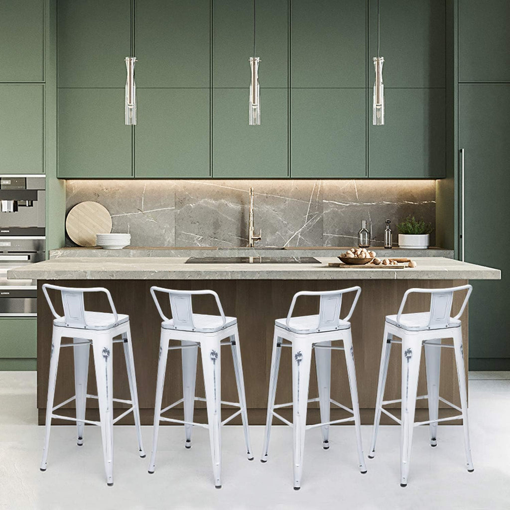 Metal Bar Stools with Back Set of 4 Kitchen Counter Height Stools with Wooden Seat 26" Distressed White