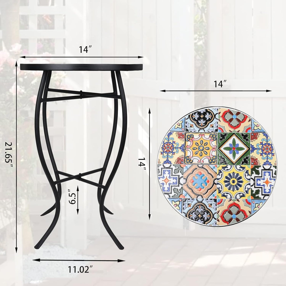 VCUTEKA Mosaic Outdoor Side Table, 14" Round Small Patio Accent Table
