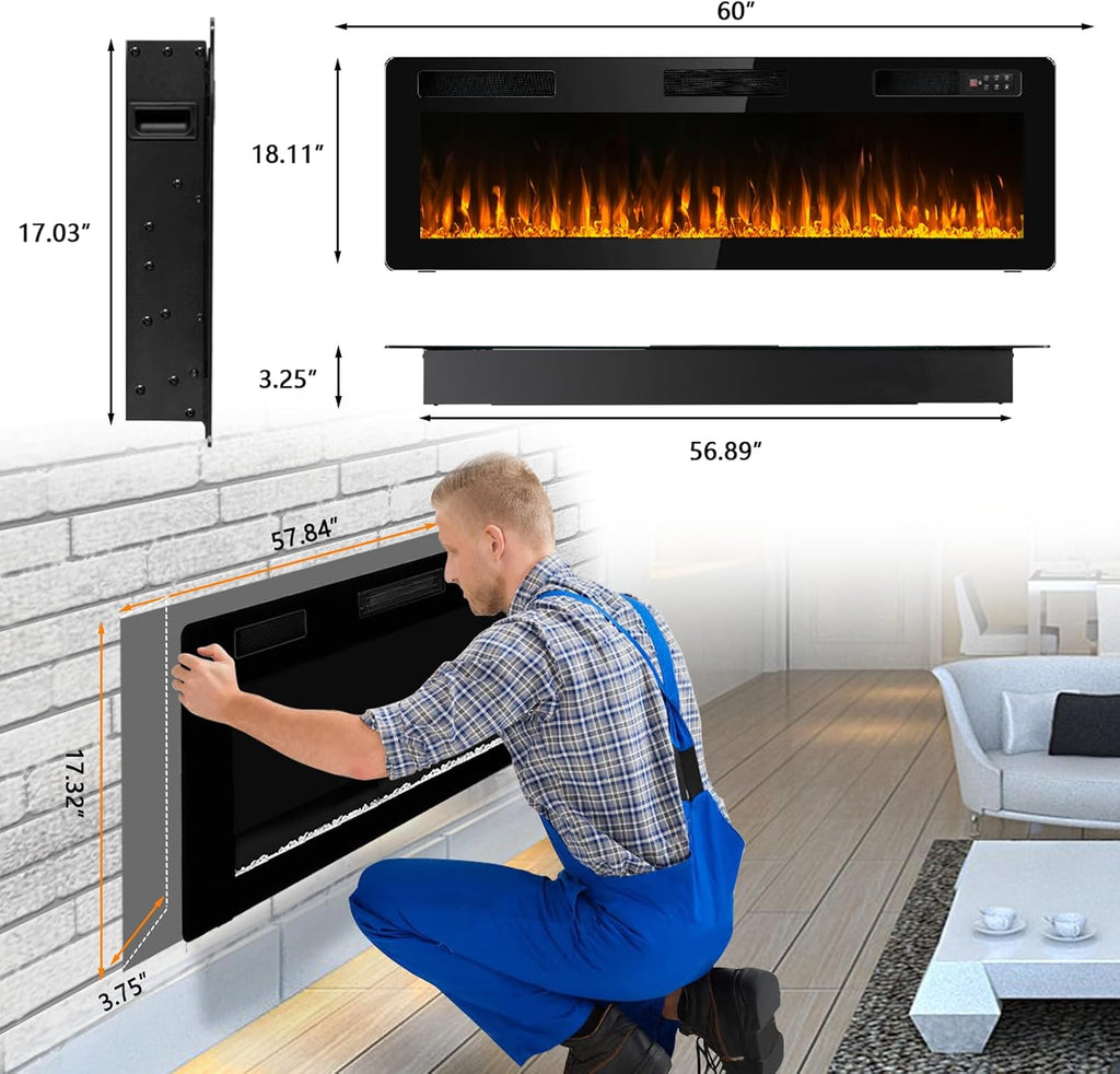 60 inch Ultra-Thin Silence Linear Electric Fireplace, Recessed Wall Mounted