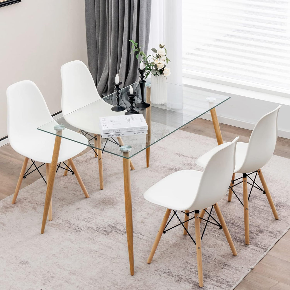 Tangkula Dining Table Set for 4, Modern Kitchen Table and Chairs, Glass Table and Chairs Set of 4 for Small Living Room, Kitchen