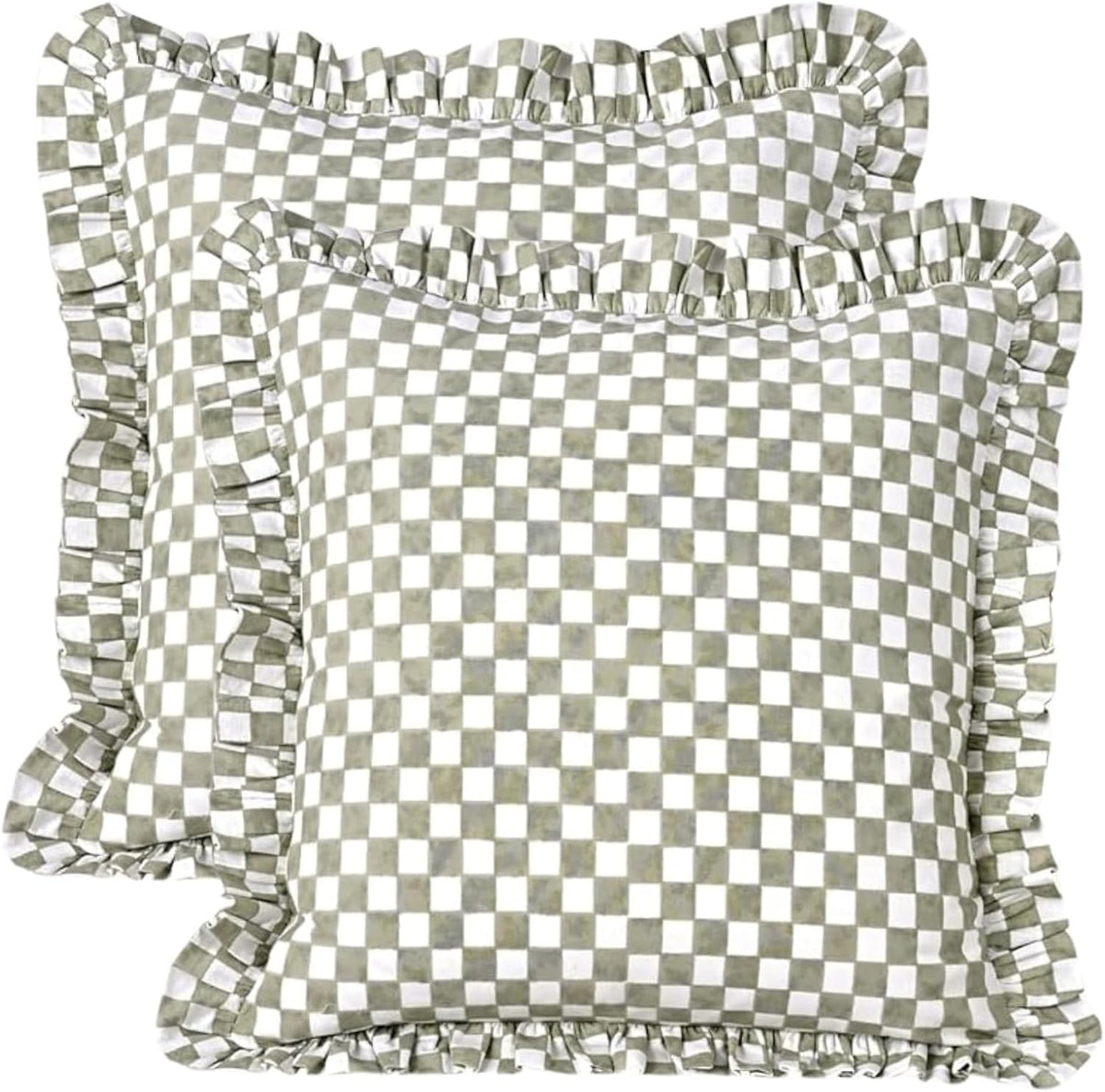 CPC Sage Gingham Print Ruffle Throw Pillow Cover 18x18 Inch, Pack of 2