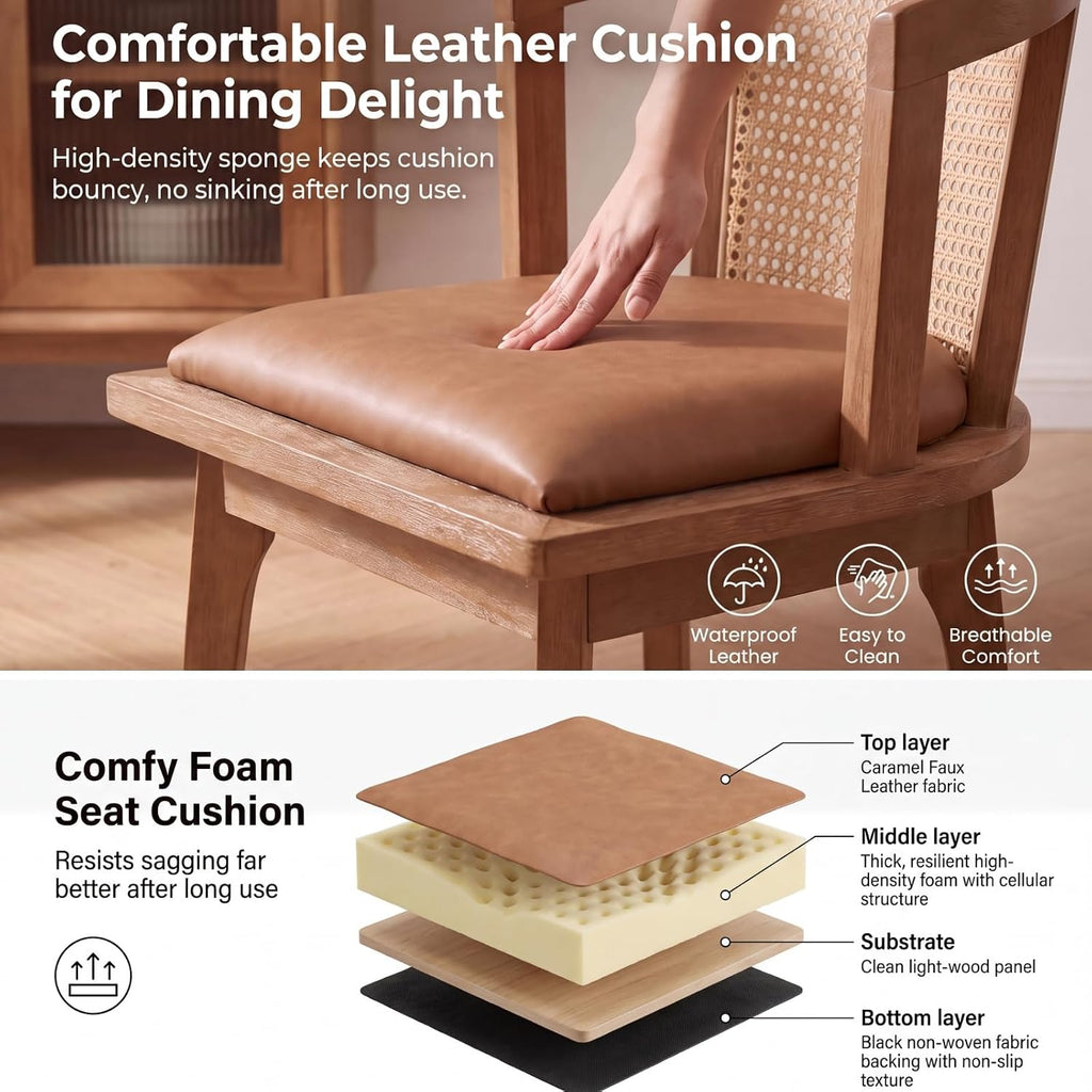 EALSON Rattan Mid Century Dining Chairs Set of 4 Modern Farmhouse Wooden Dining Room Chairs with Cane Curved Back Leather Upholstered Comfortable Kitchen Side Chairs for Restaurant, Brown