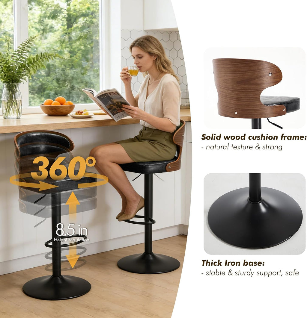 Bar Stool, 360° Swivel Barstools with Solid Wood Back and Footrest, Leather Adjustable Counter Height Chairs for Bar, Kitchen, Dining Room (Black)