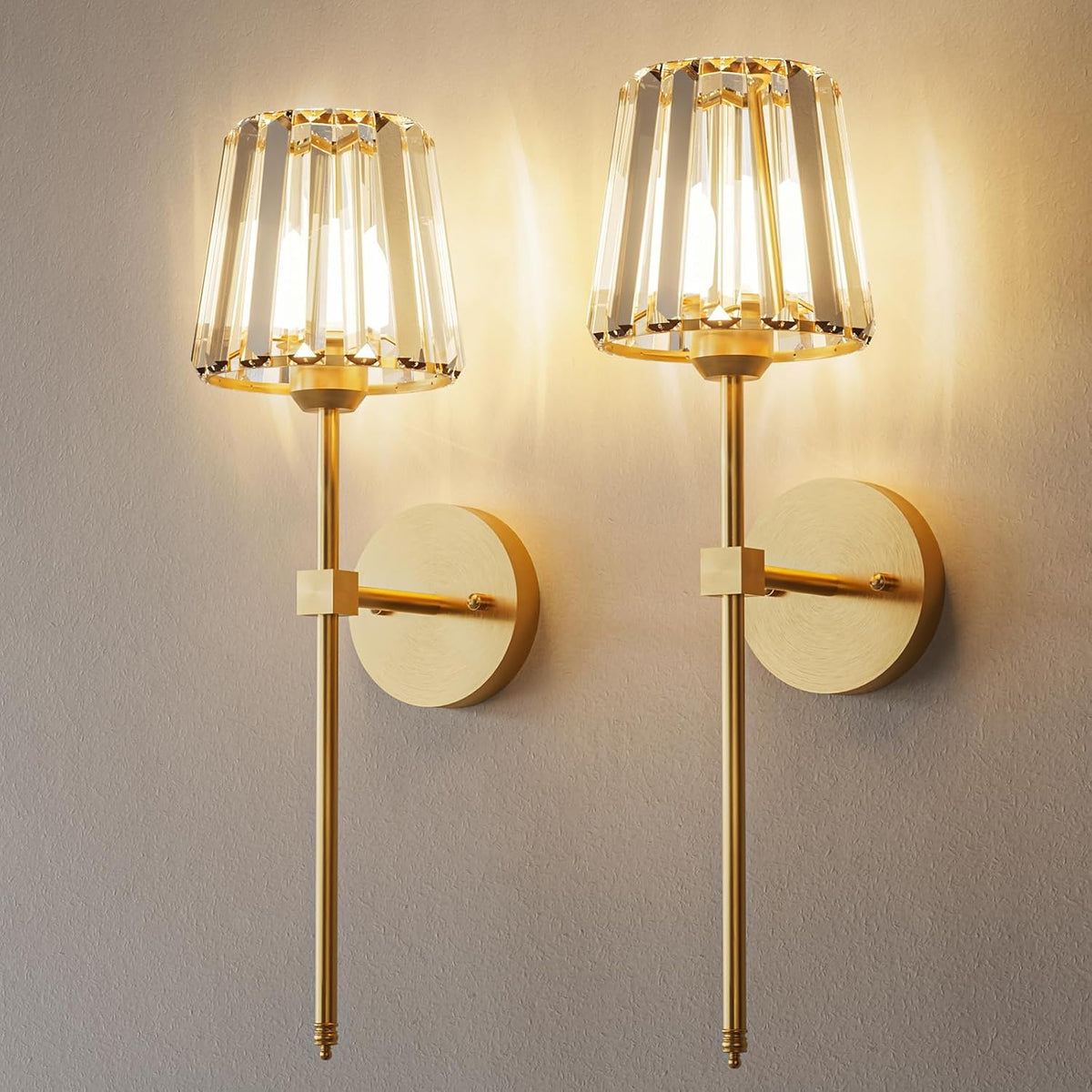 Crystal Battery Operated Wall Sconces Set of 2, Gold Sconces Wall Decor