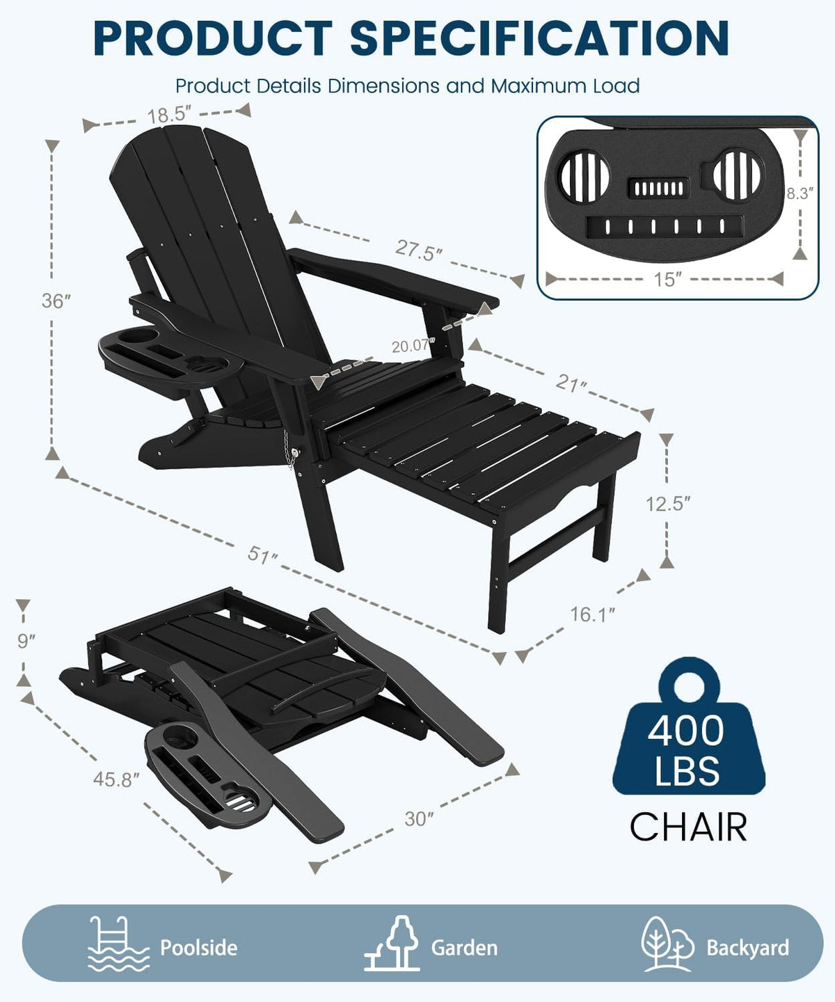 FOOWIN Folding Adjustable Adirondack Chair with Ottoman Set of 2