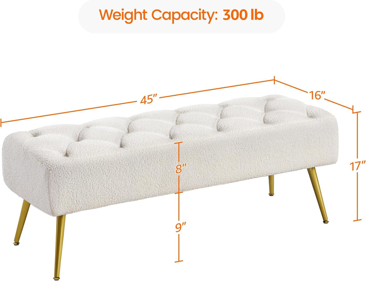 Yaheetech 45in Upholstered Boucle Ottoman Bench Seat with Gold Legs, Ivory