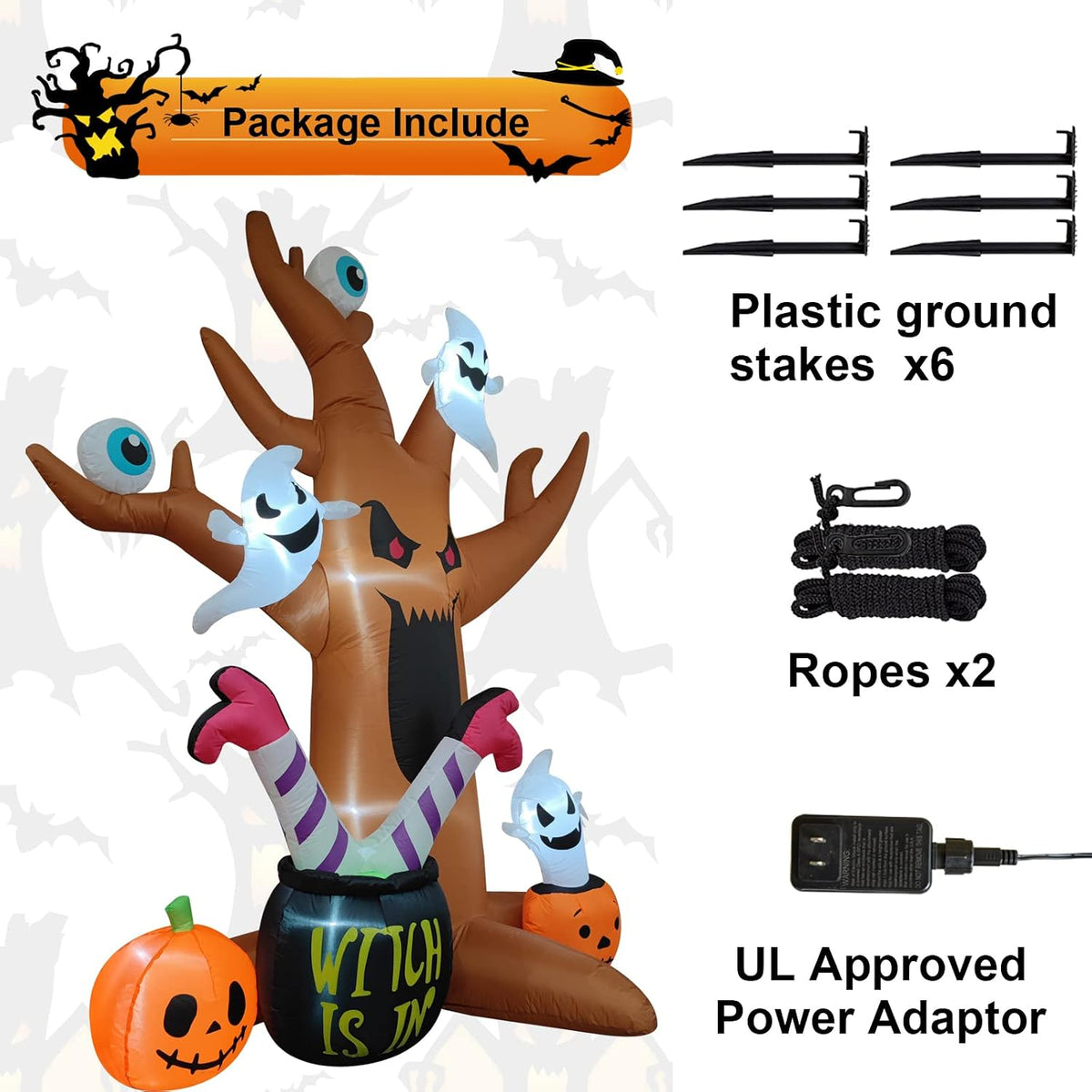 8 Ft Halloween Inflatables Outdoor Decorations - Outdoor Spooky Halloween Tree with Blow up Ghosts, Eyeballs, Pumpkins, Cauldron & Witch Legs - Built-in LED Lights for Outdoor Lawn Decor