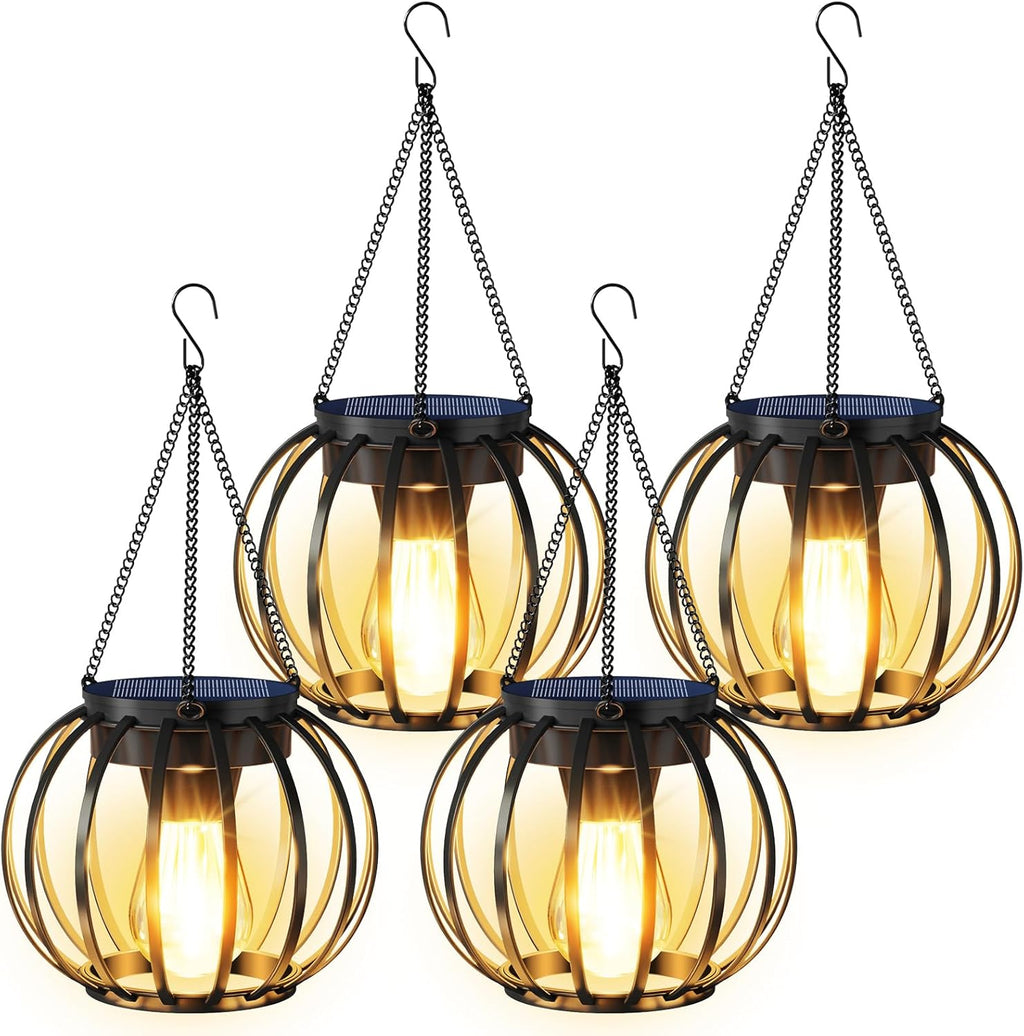 Solar Lanterns Outdoor Waterproof Metal Solar Hanging Lantern, 4Pack