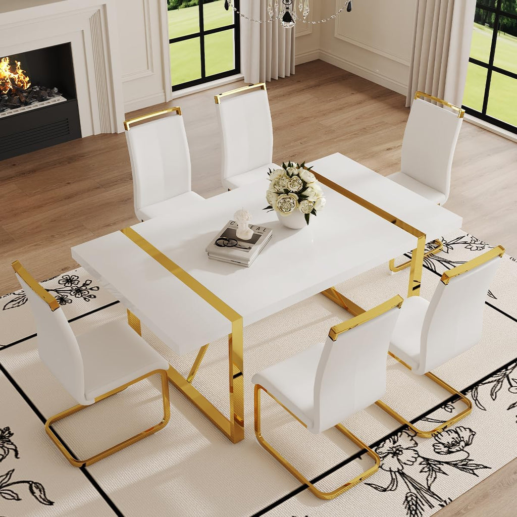 Ebullient 71“ White Dining Table, Modern Dining Room Table for 6-8, Kitchen Table with MDF Top and Gold Stainless Steels Legs, Rectangular Dining Table for Home Living Room