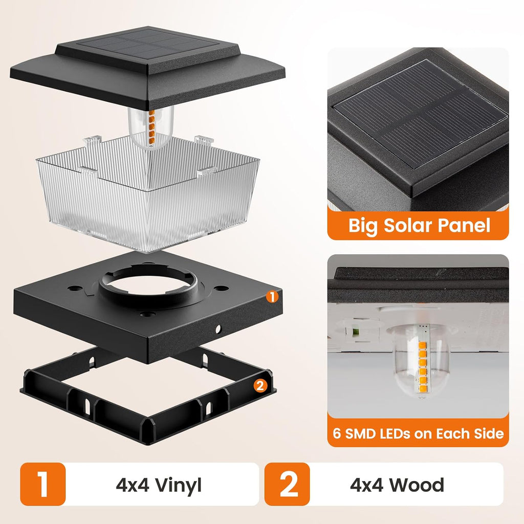 APONUO Solar Post Cap Lights with Flickering Flame & Warm White, 12-Pack for 4x4 Wood/Vinyl Posts, Solar Powered Deck & Fence Lights, Auto On/Off, IP65 Waterproof, Matte Black