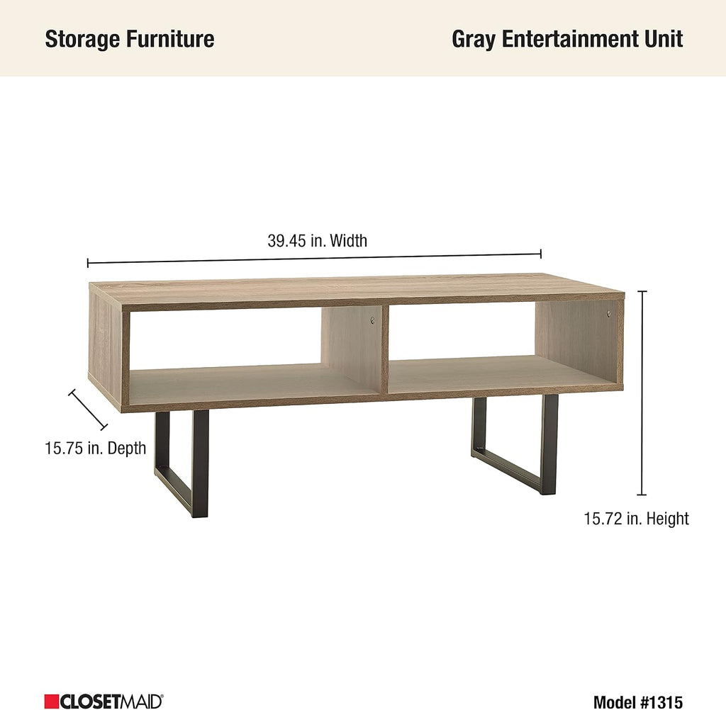 ClosetMaid Rectangular Wood Coffee Table with Storage Shelves, Narrow, 39.45" Wide, Light Finish, Gray