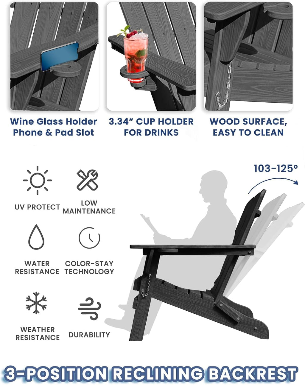 Folding Adirondack Chair with 2 Cup Holder, HDPE Plastic Patio Chairs