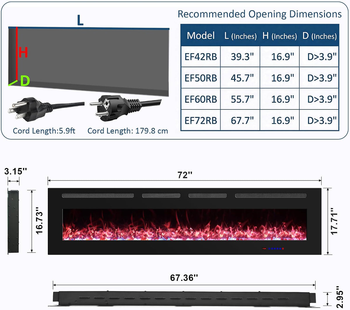 72" Ultra-Thin Electric Fireplace, Recessed/Wall, WiFi App, Black