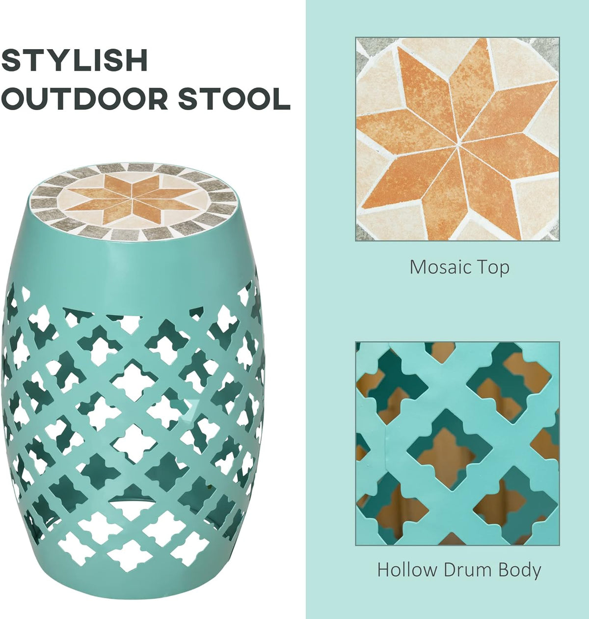 Outsunny Decorative Outdoor Stool, 12" Round Patio Side Table, Mosaic Blue