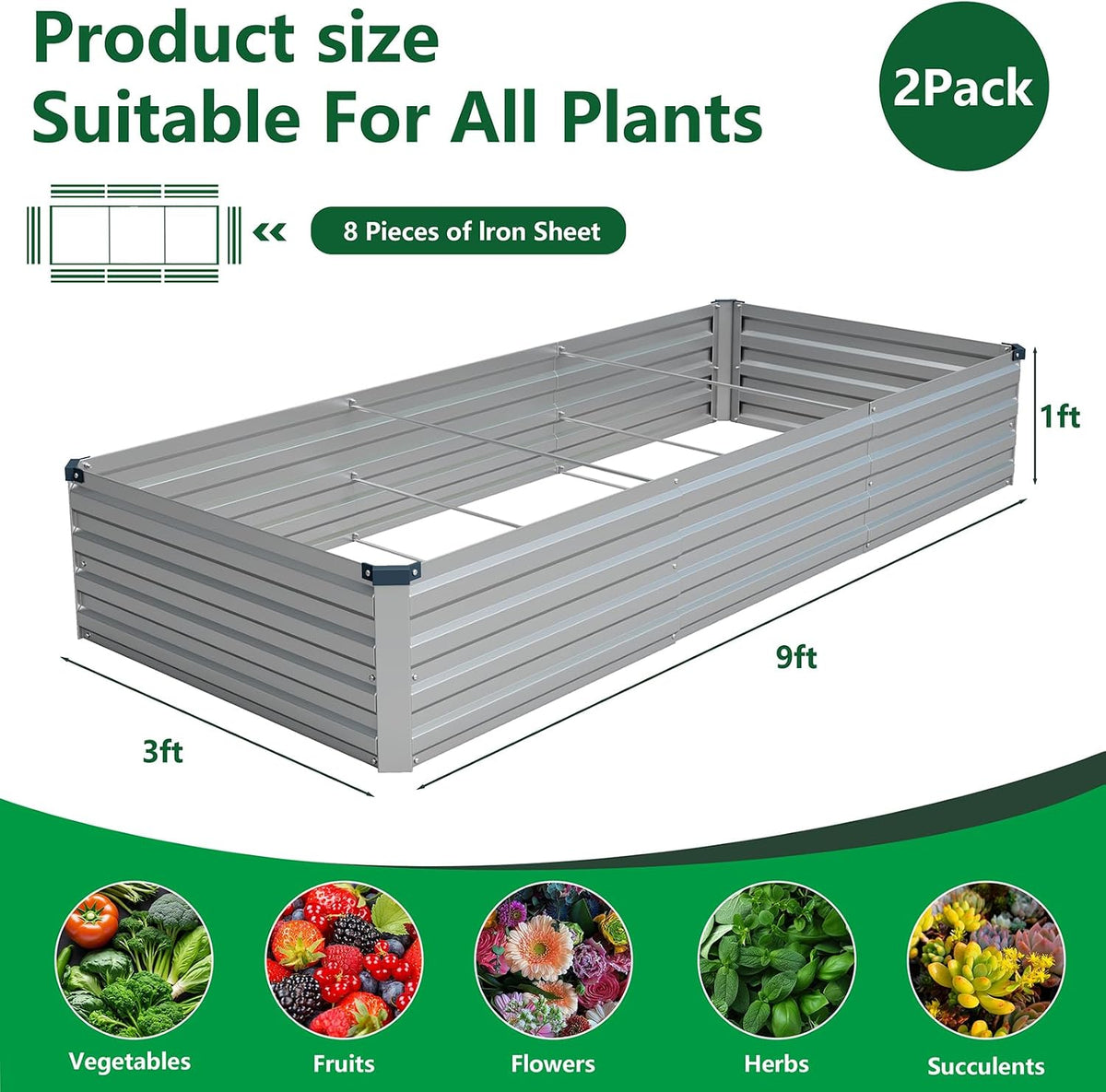 Vengarus 2PCS 9x3x1ft Galvanized Raised Garden Beds Kit,Planter Box Silver