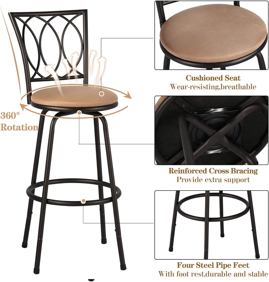 VECELO Bar Stools, 24/29" Adjustable Barstool,Swivel Counter Stool with Upholstered Seat,Steel Bistro Pub Chairs, Curved Line Backrest, Set of 2